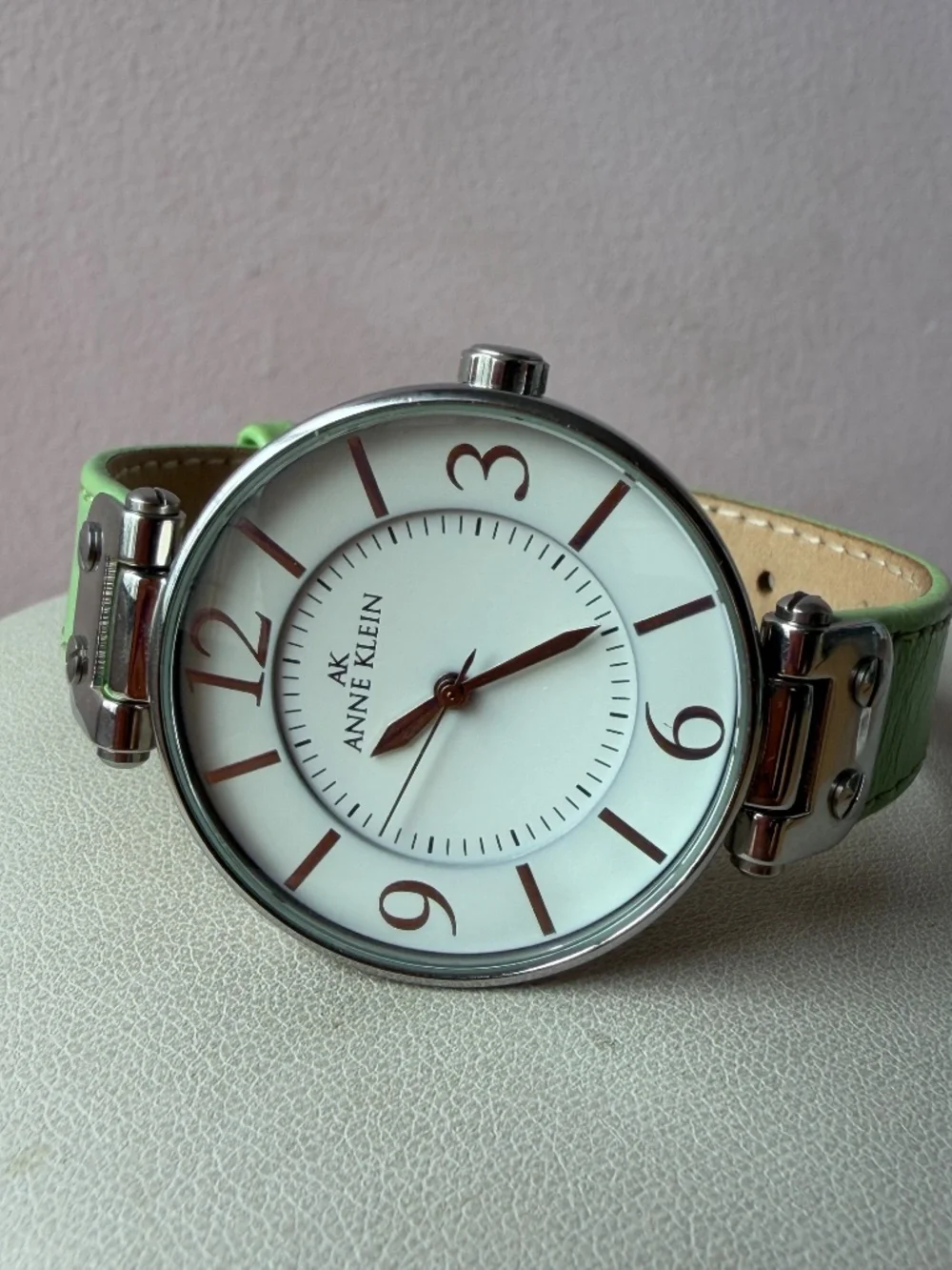 AK Anne Klein Women’s Large Round Silvertone Watch Spring Green Band New Battery
